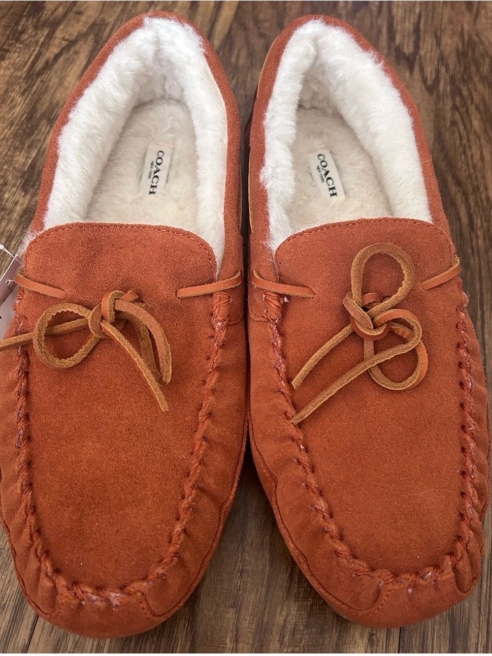 Coach Rust Orange Suede Shearling Moccasin Slippers